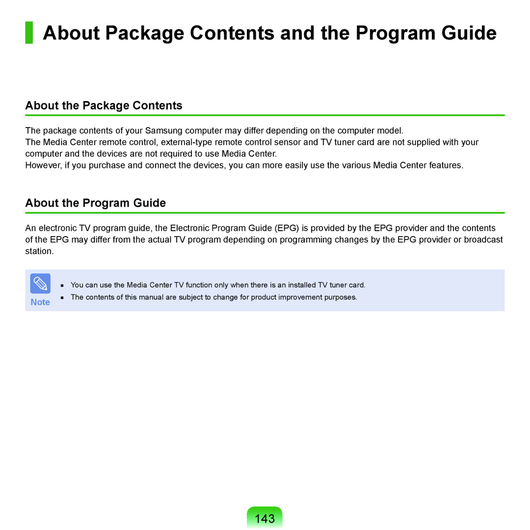 Samsung NP-X22A003/SEG, NP-X22T001/SEG, NP-X22A004/SEG, NP-X22A002/SEG manual About Package Contents and the Program Guide 