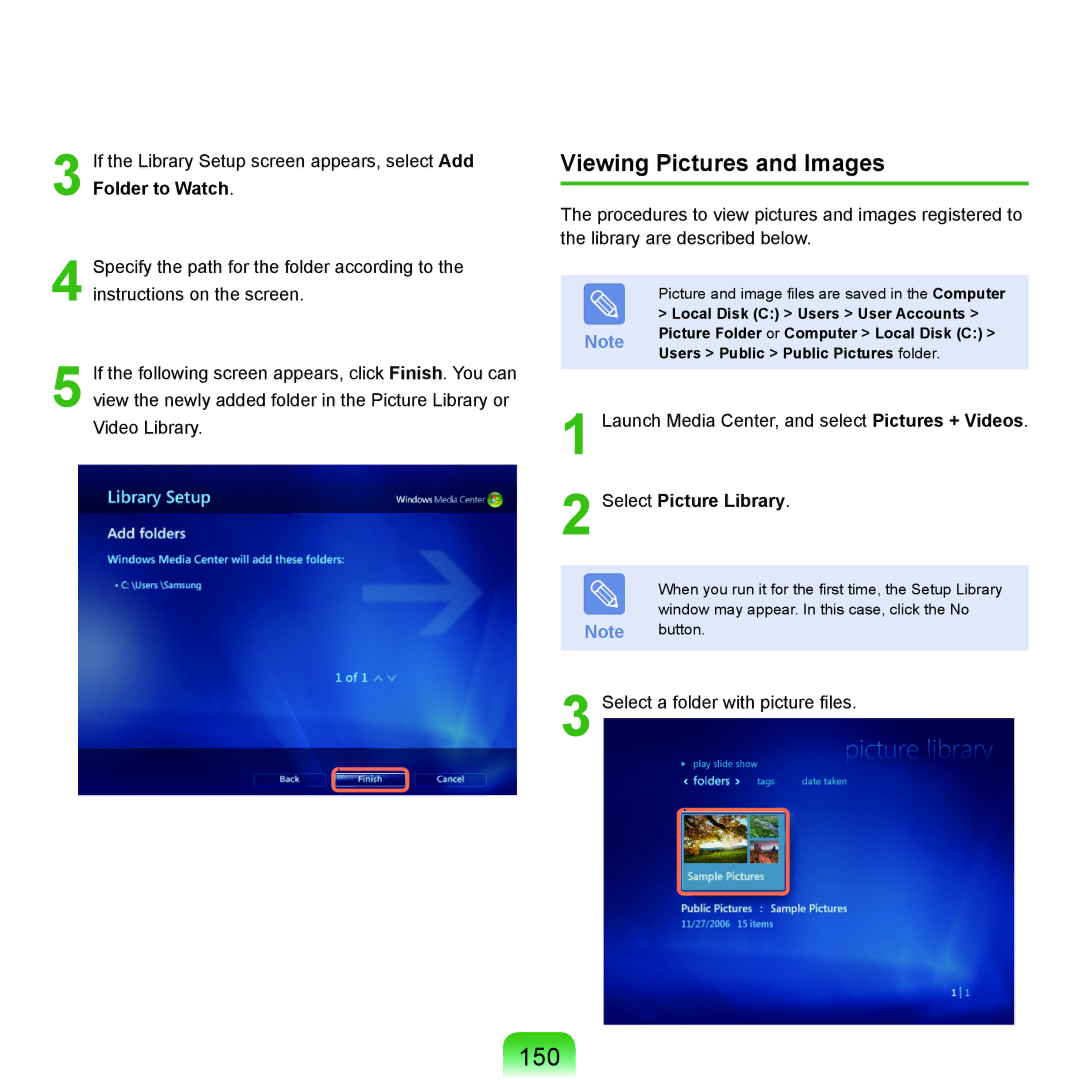Samsung NP-X22T000/SEF, NP-X22A003/SEG, NP-X22T001/SEG manual 150, Viewing Pictures and Images, Select Picture Library 