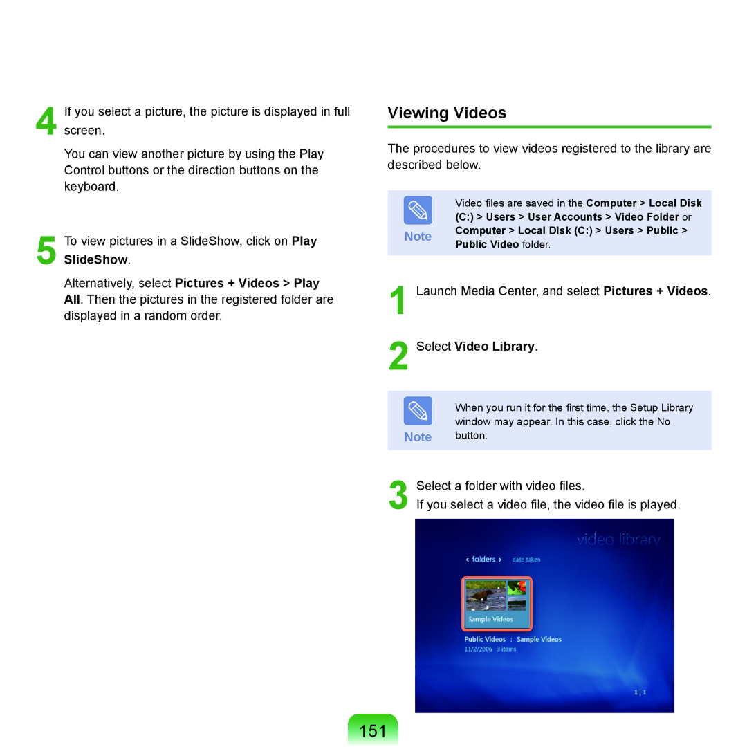 Samsung NP-X22T001/SEF, NP-X22A003/SEG, NP-X22T001/SEG, NP-X22A004/SEG manual 151, Viewing Videos, Select Video Library 