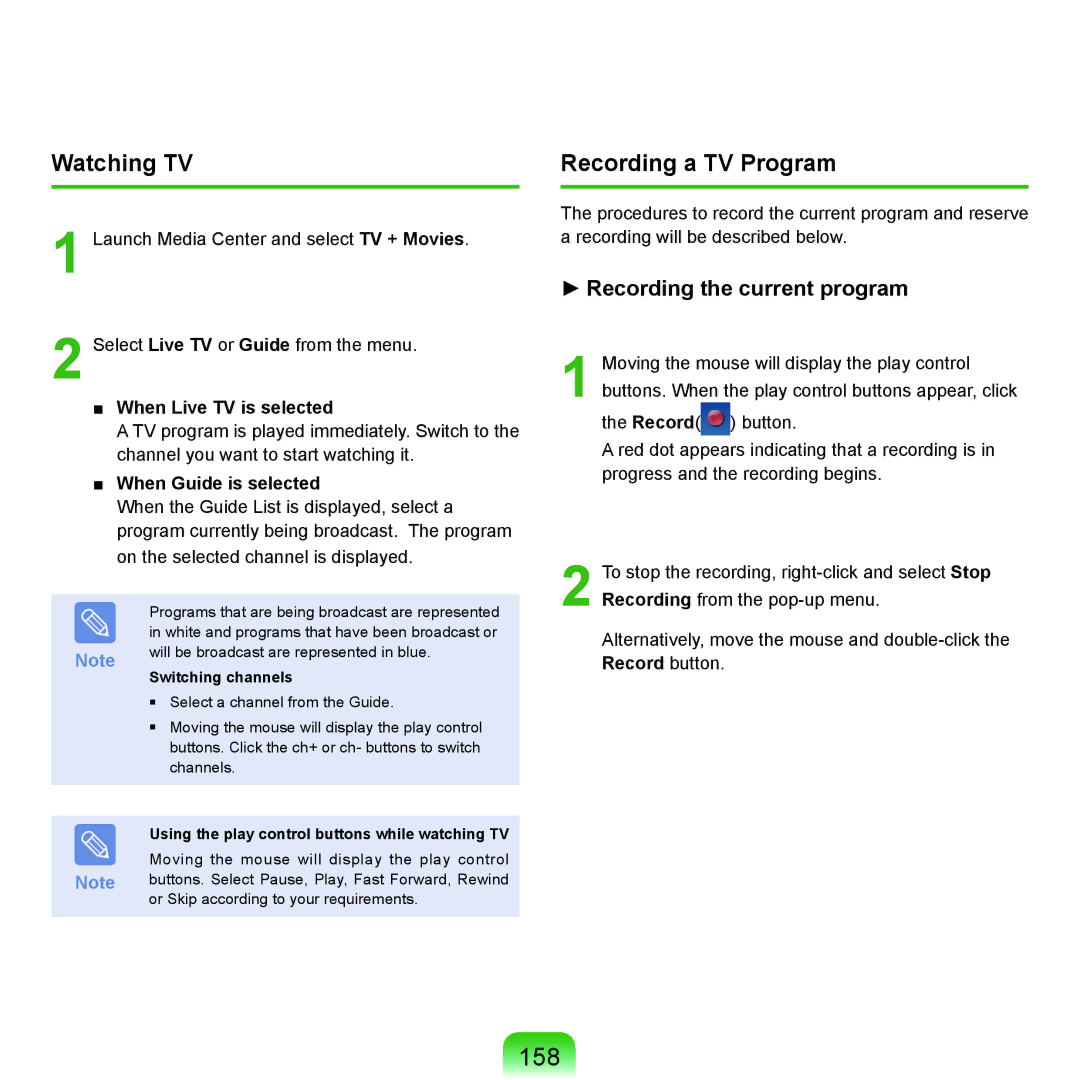 Samsung NP-X22A009/SEF, NP-X22A003/SEG manual 158, Recording a TV Program, When Live TV is selected, When Guide is selected 