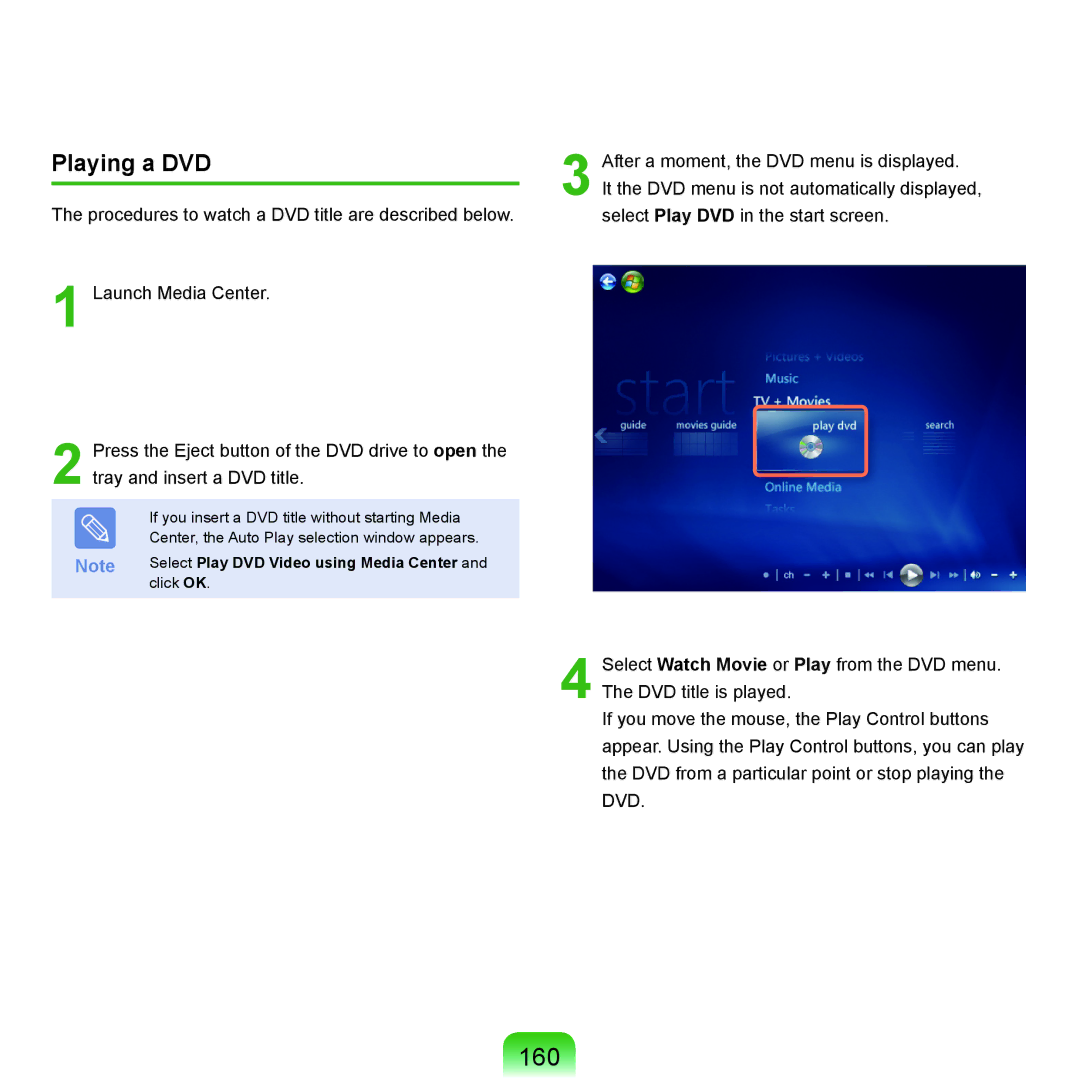 Samsung NP-X22A005/SEF, NP-X22A003/SEG, NP-X22T001/SEG manual 160, Playing a DVD, Select Play DVD Video using Media Center 