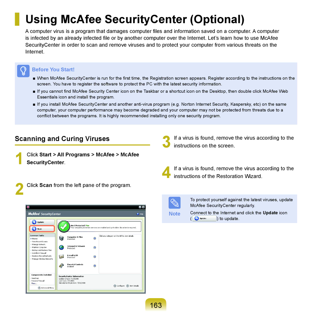 Samsung NP-X22A000/SEI, NP-X22A003/SEG manual Using McAfee SecurityCenter Optional, 163, Scanning and Curing Viruses 