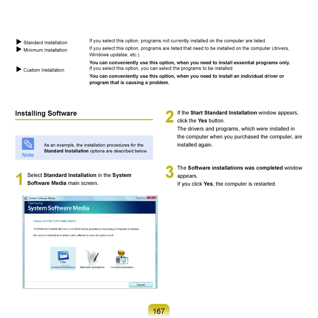 Samsung NP-X22A004/SES, NP-X22A003/SEG, NP-X22T001/SEG, NP-X22A004/SEG, NP-X22A002/SEG manual 167, Installing Software 