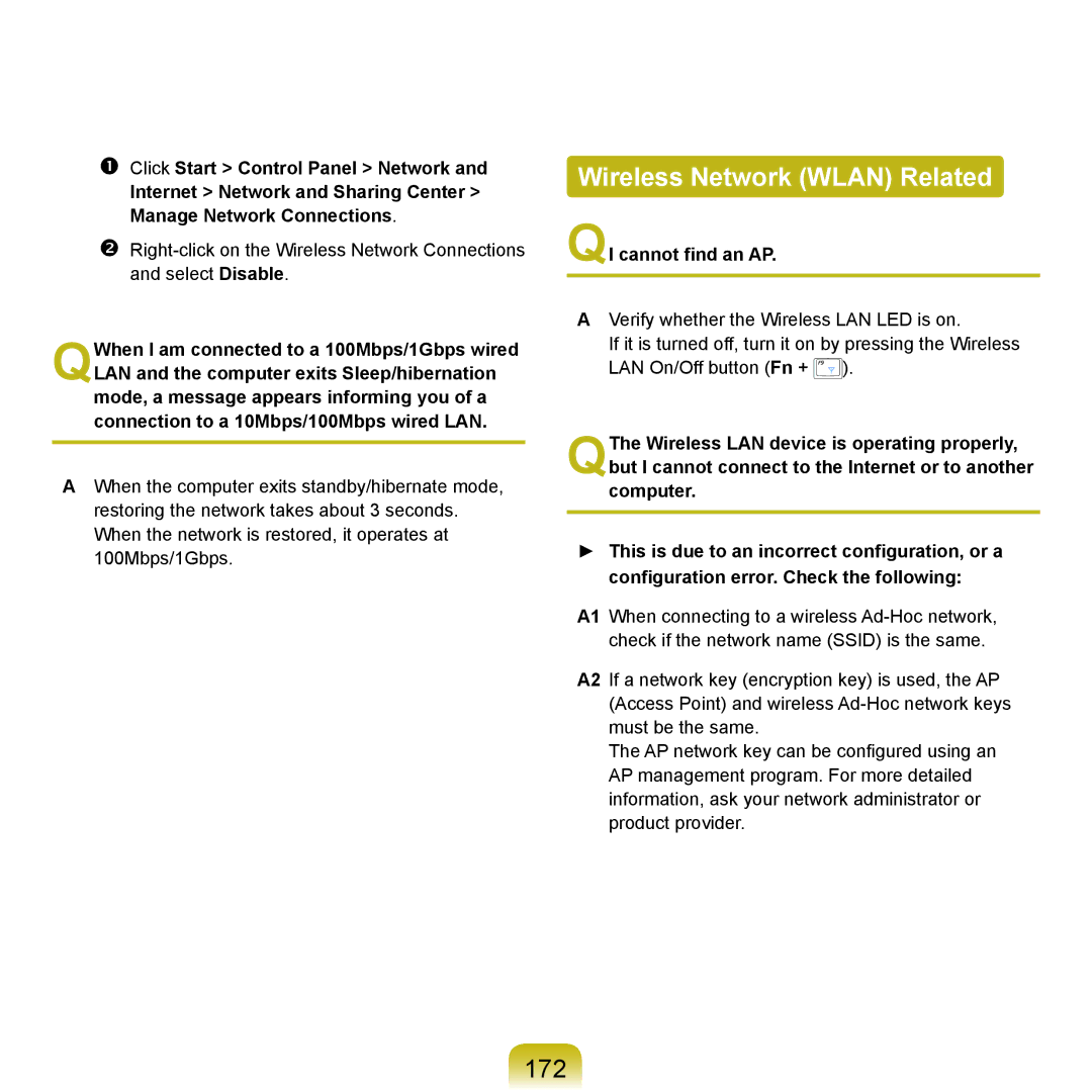 Samsung NP-X22A001/SES, NP-X22A003/SEG, NP-X22T001/SEG manual Wireless Network Wlan Related, 172, QI cannot find an AP 