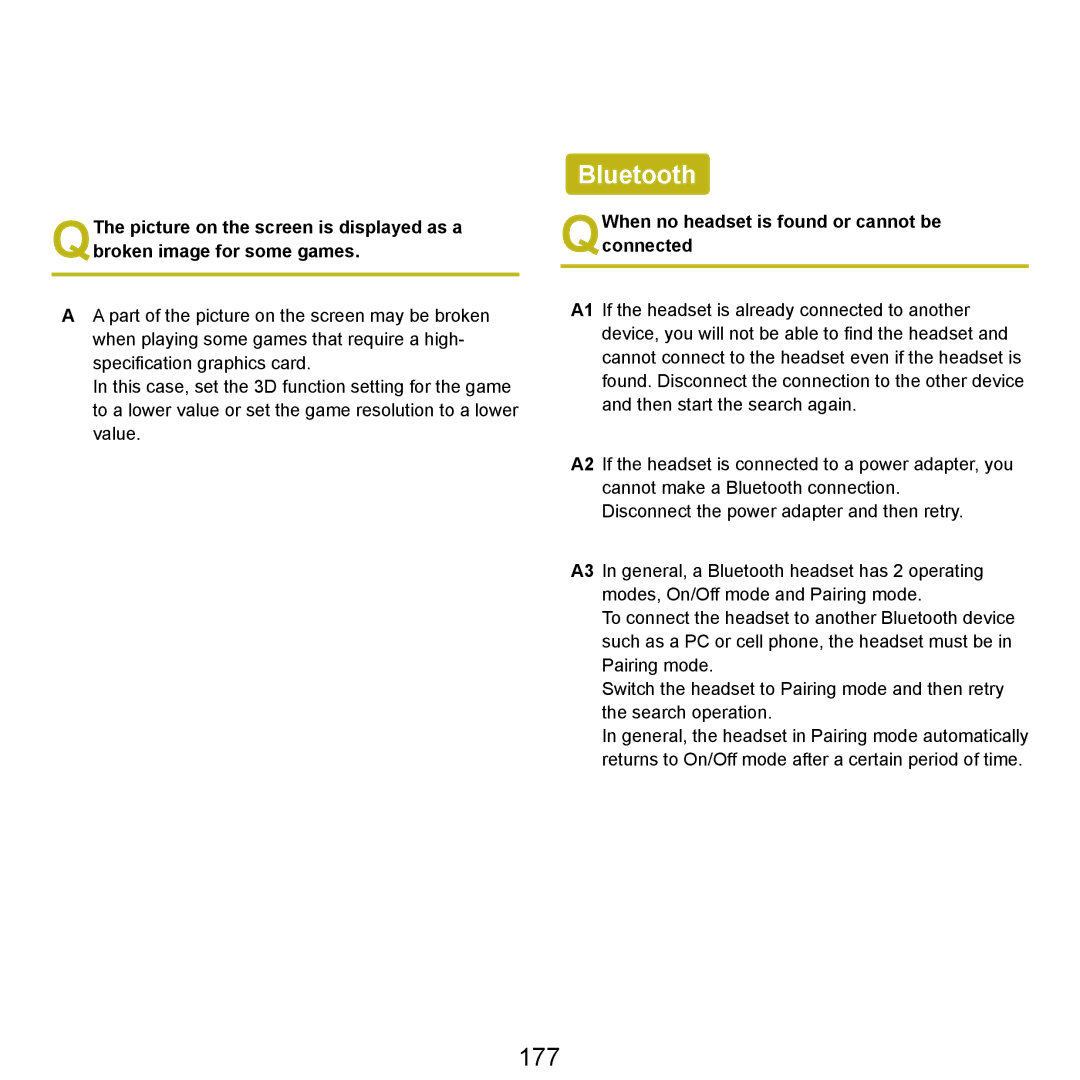 Samsung NP-X22A007/SER, NP-X22A003/SEG, NP-X22T001/SEG Bluetooth, 177, QWhen no headset is found or cannot be connected 