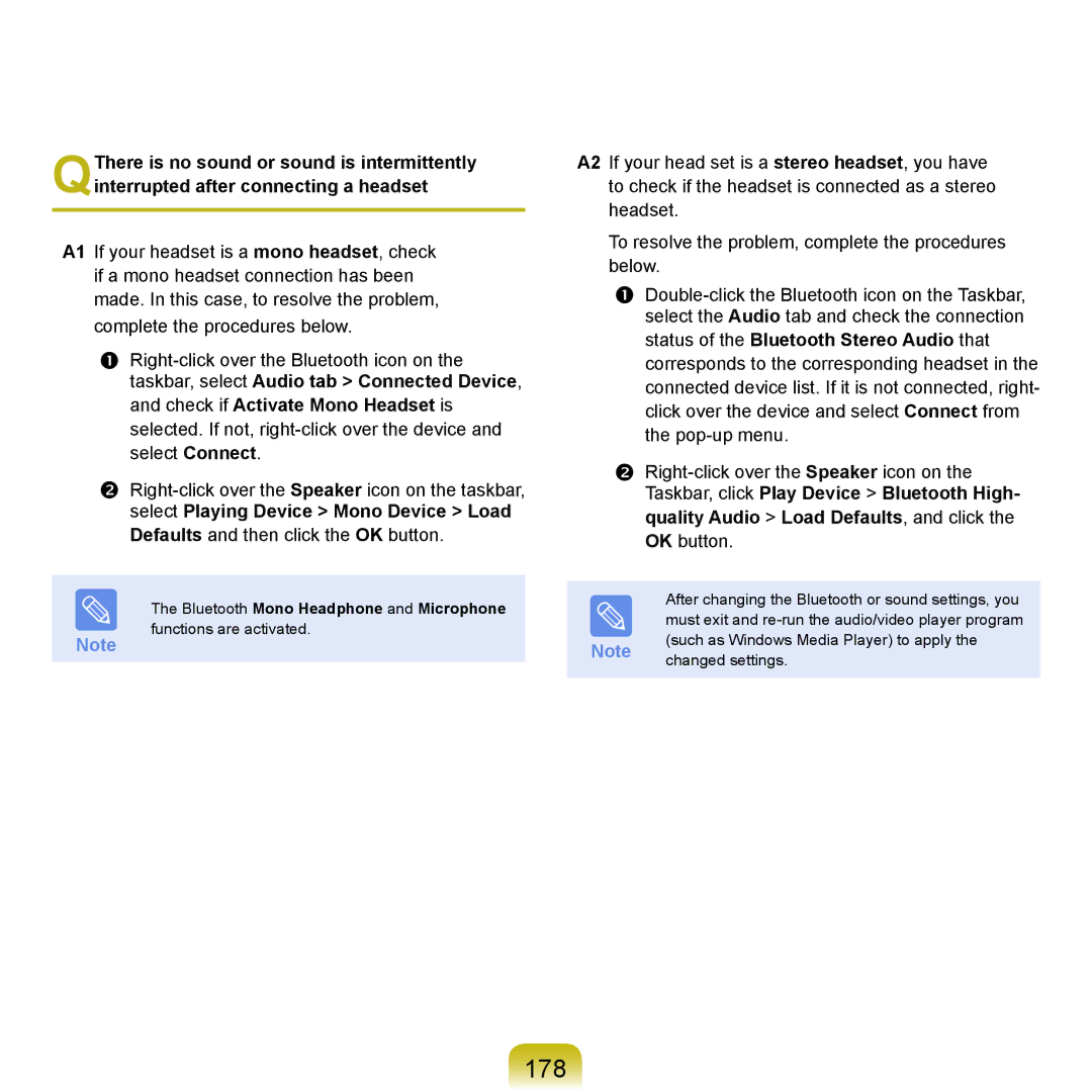 Samsung NP-X22A004/SER, NP-X22A003/SEG, NP-X22T001/SEG, NP-X22A004/SEG manual 178, Bluetooth Mono Headphone and Microphone 