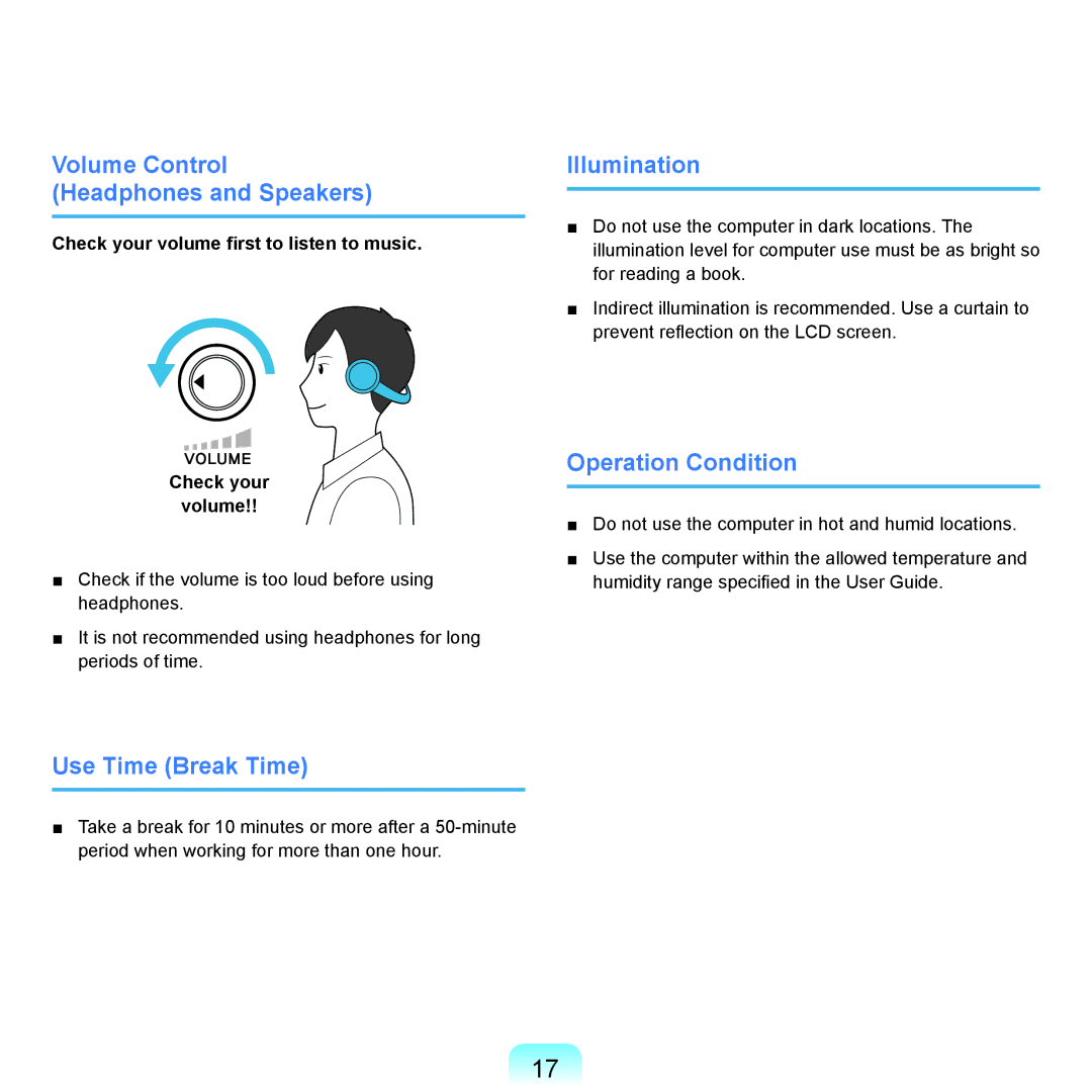 Samsung NP-X22A002/SEF Volume Control Headphones and Speakers, Use Time Break Time, Illumination, Operation Condition 