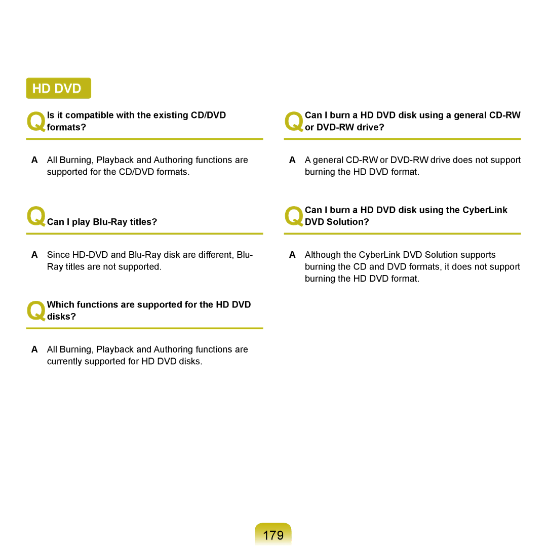 Samsung NP-X22A003/SEG manual 179, QIs it compatible with the existing CD/DVD formats?, QCan I play Blu-Ray titles? 