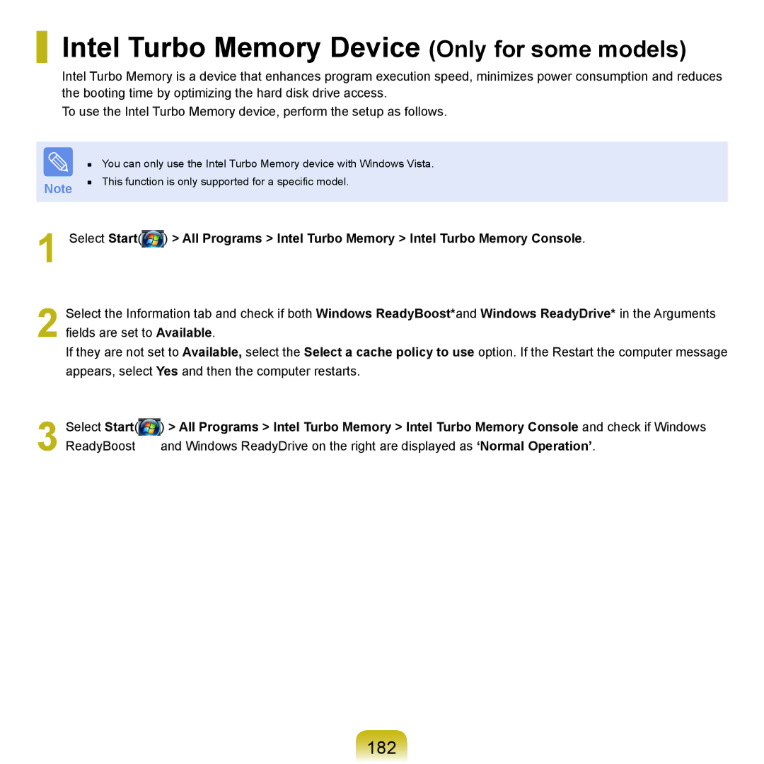 Samsung NP-X22A002/SEG, NP-X22A003/SEG, NP-X22T001/SEG, NP-X22A004/SEG Intel Turbo Memory Device Only for some models, 182 