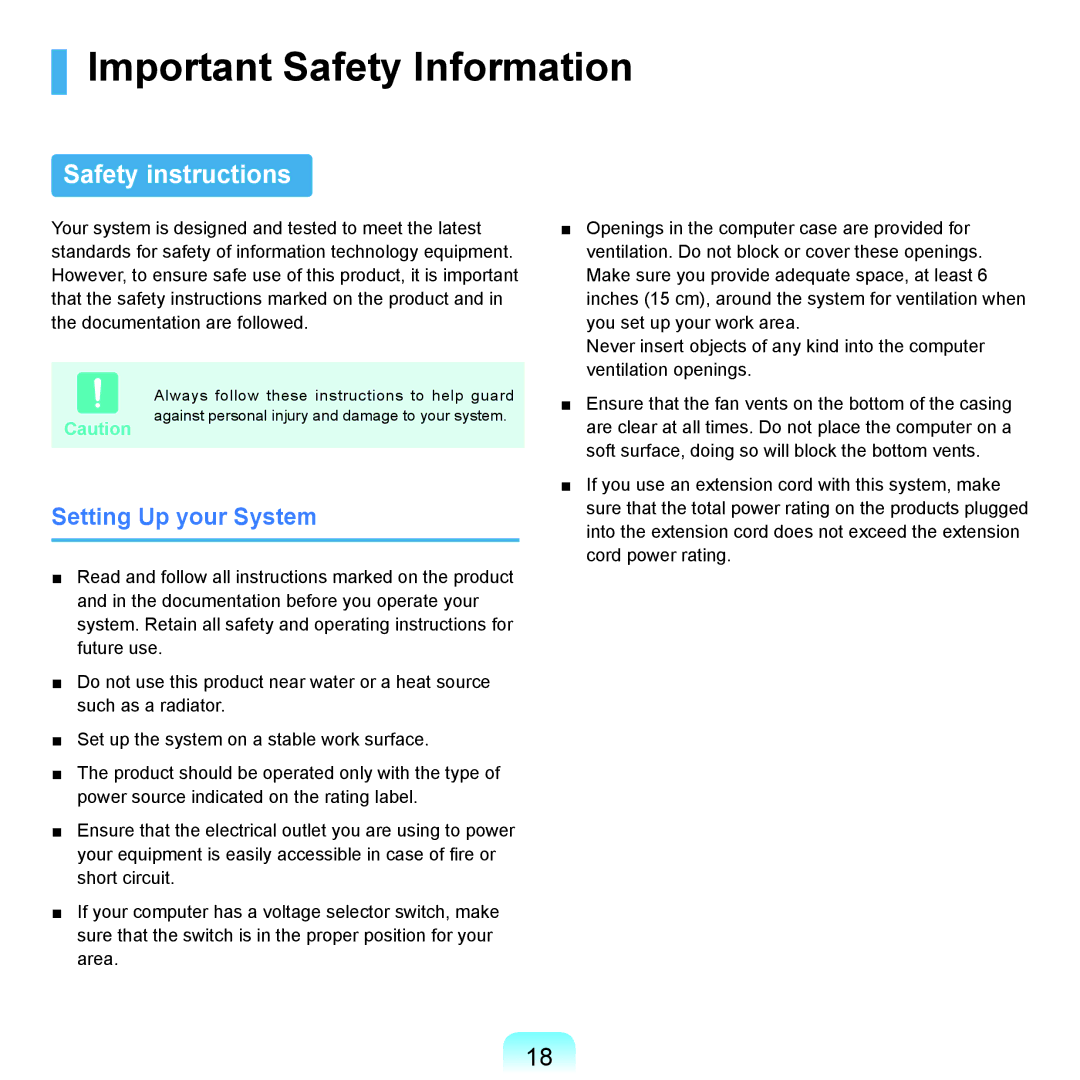 Samsung NP-X22A002/SEI, NP-X22A003/SEG manual Important Safety Information, Safety instructions, Setting Up your System 