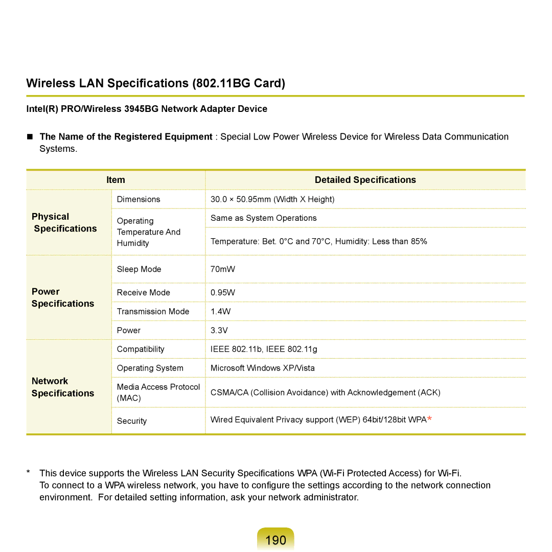 Samsung NP-X22A003/SEF 190, Wireless LAN Specifications 802.11BG Card, IntelR PRO/Wireless 3945BG Network Adapter Device 