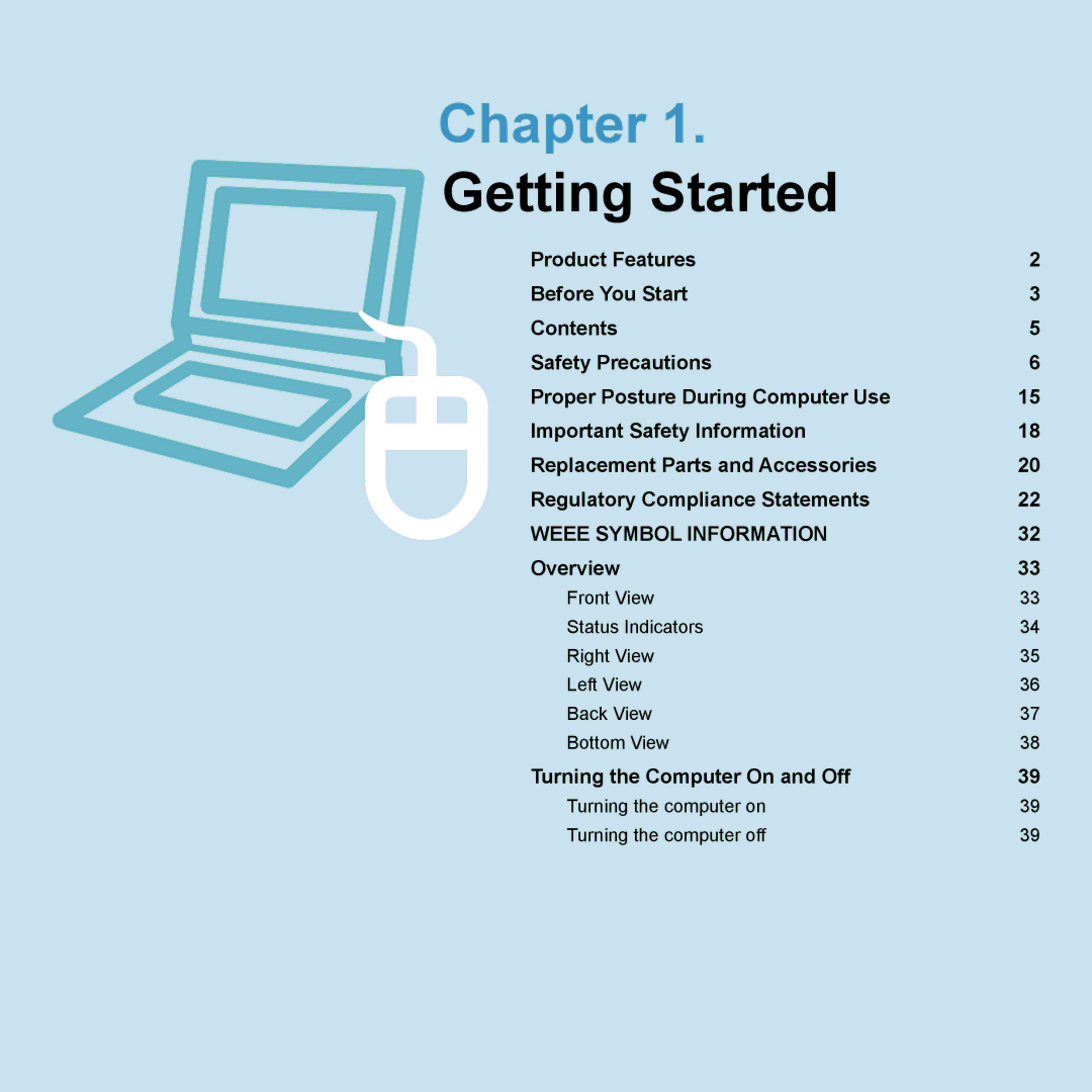 Samsung NP-X22A004/SEG, NP-X22A003/SEG, NP-X22T001/SEG manual Chapter, Turning the computer on Turning the computer off 