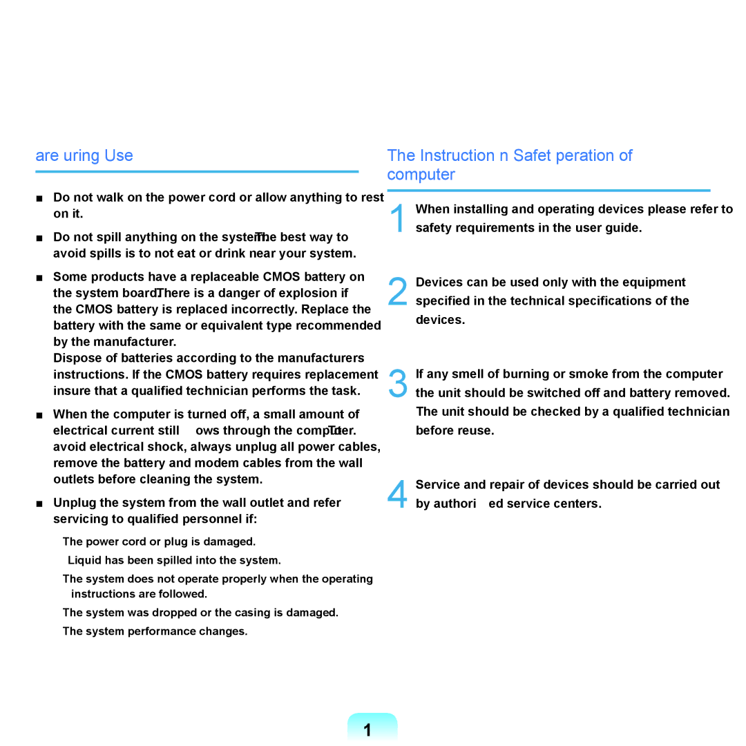 Samsung NP-X22A000/SEI, NP-X22A003/SEG, NP-X22T001/SEG manual Care During Use, Instruction On Safety Operation of computer 