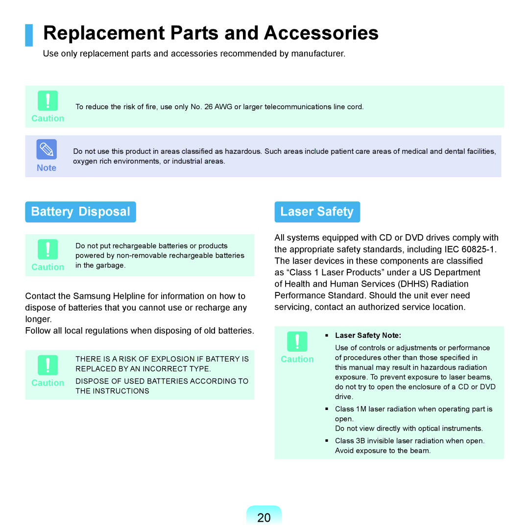 Samsung NP-X22A001/SEI, NP-X22A003/SEG manual Replacement Parts and Accessories, Battery Disposal, Laser Safety Note 