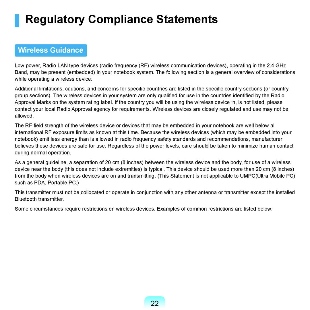 Samsung NP-X22T001/SEI, NP-X22A003/SEG, NP-X22T001/SEG, NP-X22A004/SEG Regulatory Compliance Statements, Wireless Guidance 