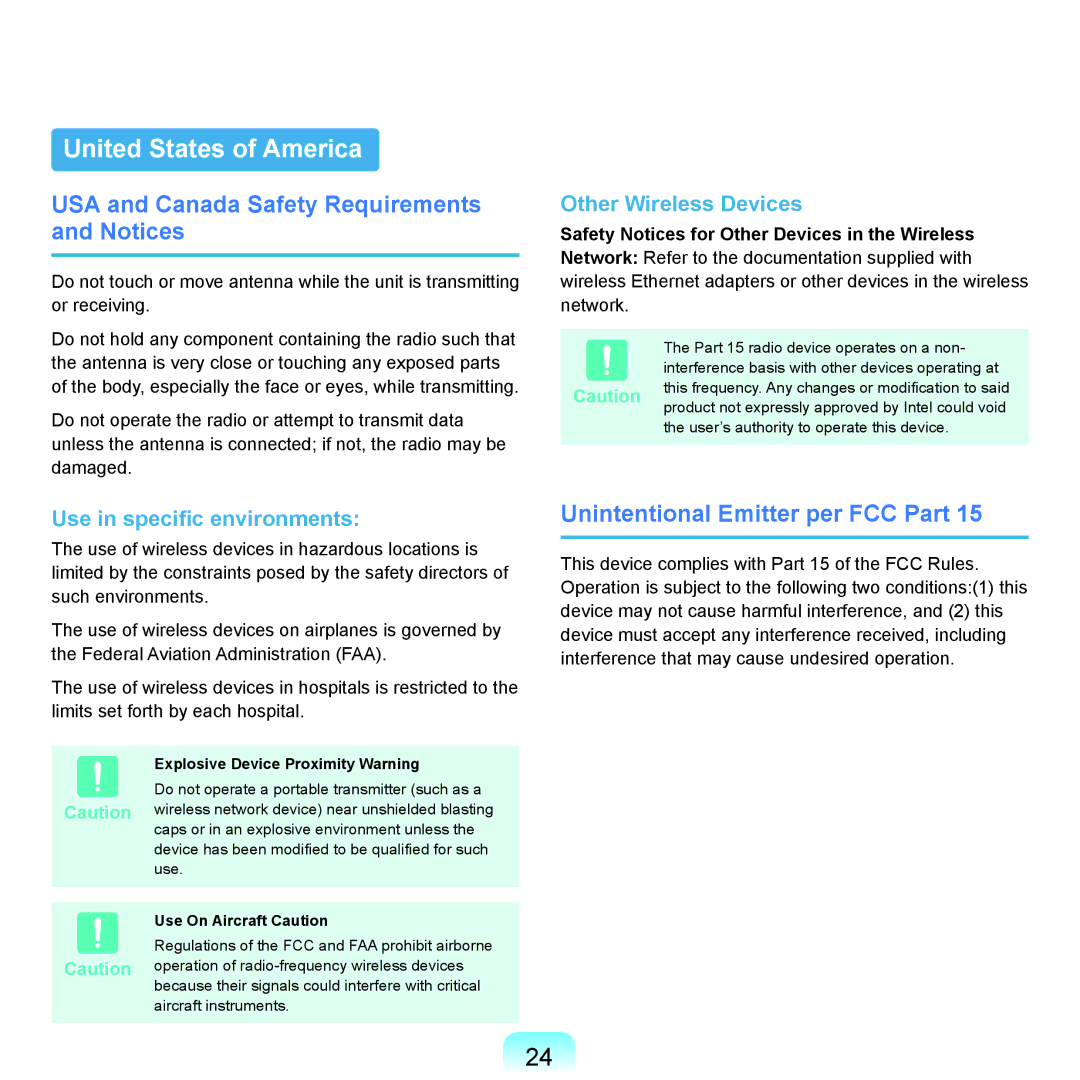 Samsung NP-X22T000/SES United States of America, USA and Canada Safety Requirements and Notices, Use On Aircraft Caution 