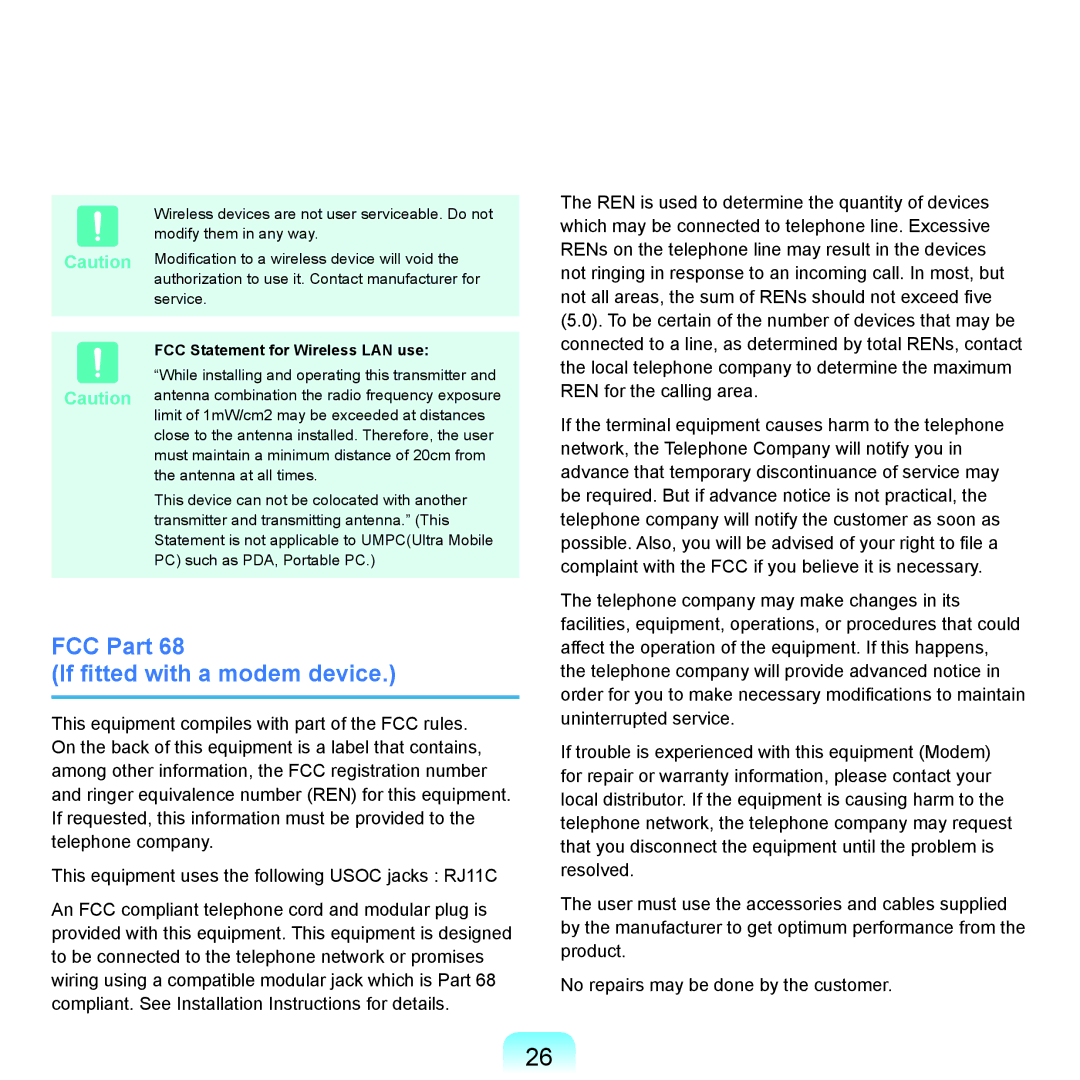 Samsung NP-X22A002/SES, NP-X22A003/SEG manual FCC Part If fitted with a modem device, FCC Statement for Wireless LAN use 