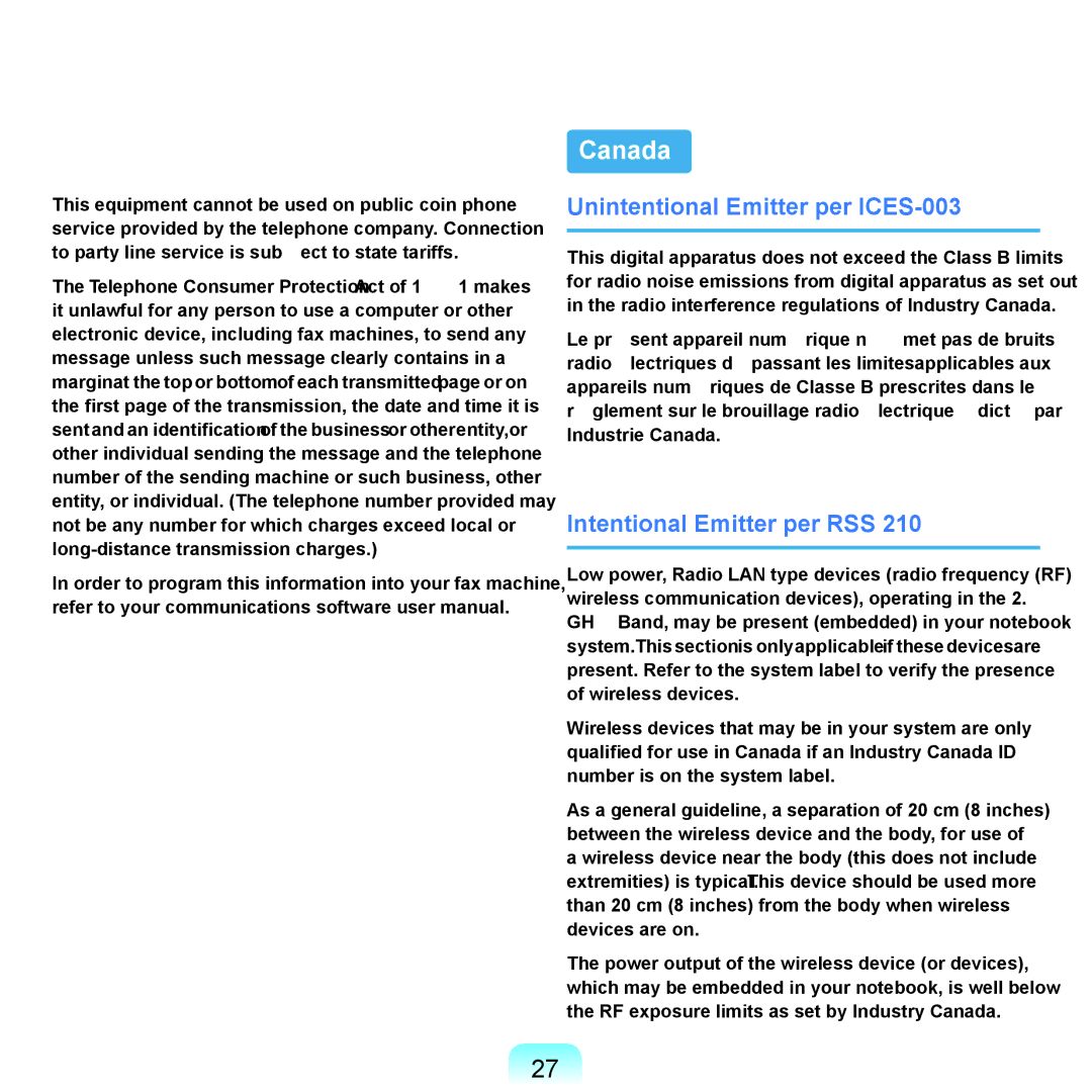 Samsung NP-X22A000/SES, NP-X22A003/SEG manual Canada, Unintentional Emitter per ICES-003, Intentional Emitter per RSS 