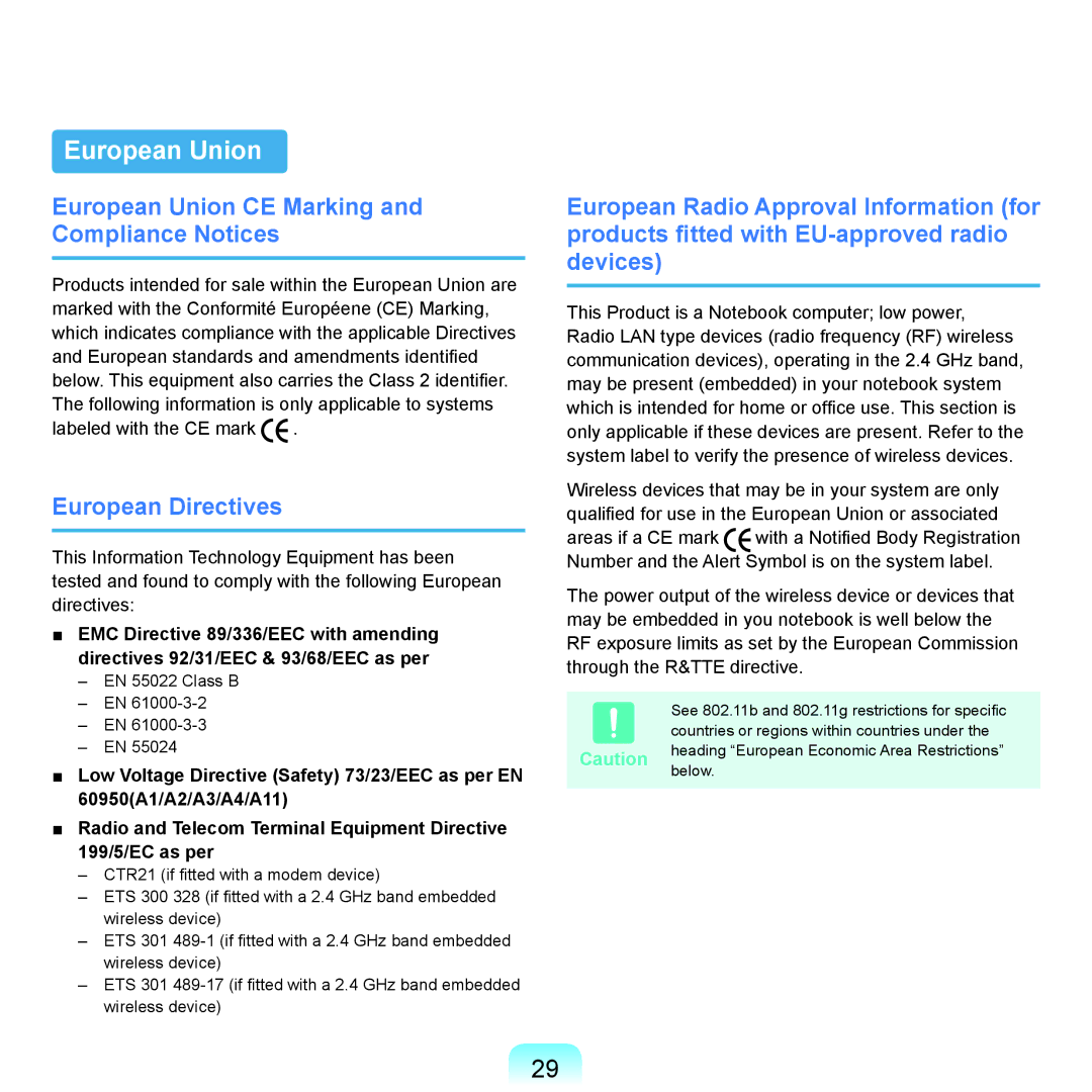 Samsung NP-X22A001/SER, NP-X22A003/SEG manual European Union CE Marking and Compliance Notices, European Directives 