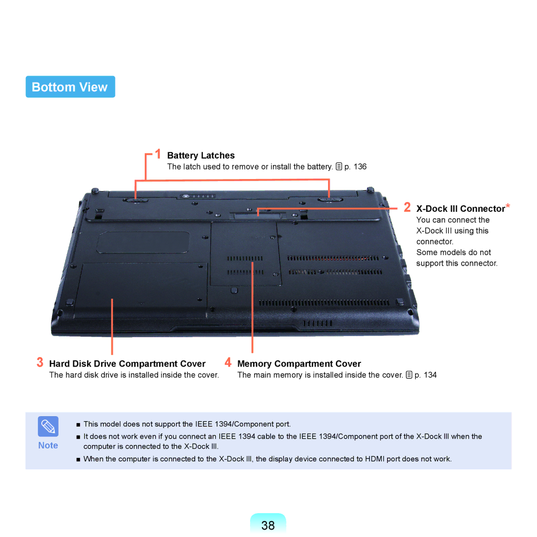 Samsung NP-X22A002/SEG, NP-X22A003/SEG, NP-X22T001/SEG, NP-X22A004/SEG manual Bottom View, Battery Latches, Dock III Connector 