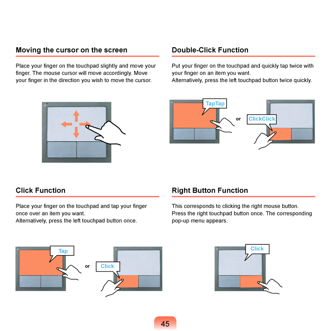 Samsung NP-X22A004/SEF, NP-X22A003/SEG manual Moving the cursor on the screen, Double-Click Function, Right Button Function 