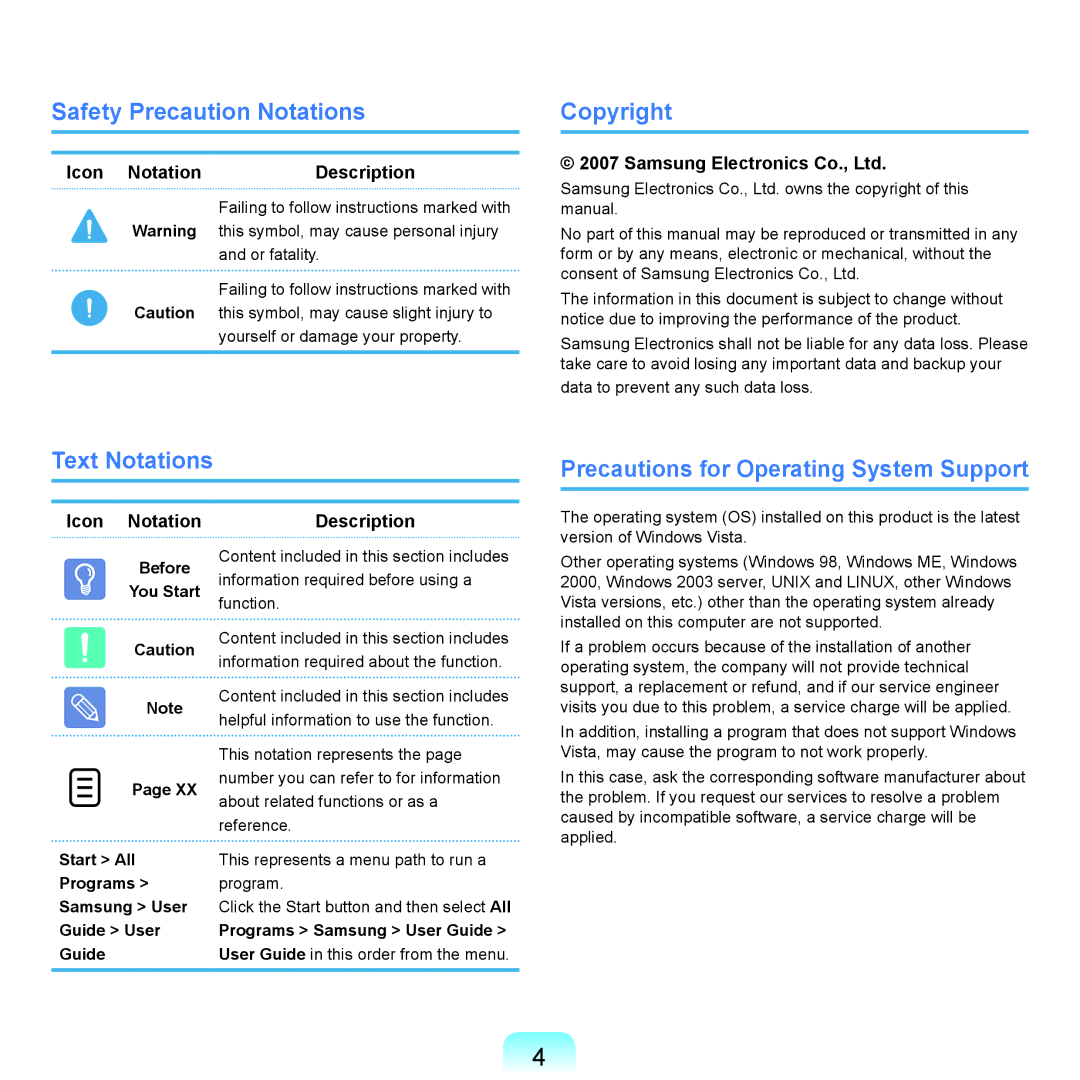 Samsung NP-X22T000/SEG Safety Precaution Notations, Copyright, Text Notations Precautions for Operating System Support 