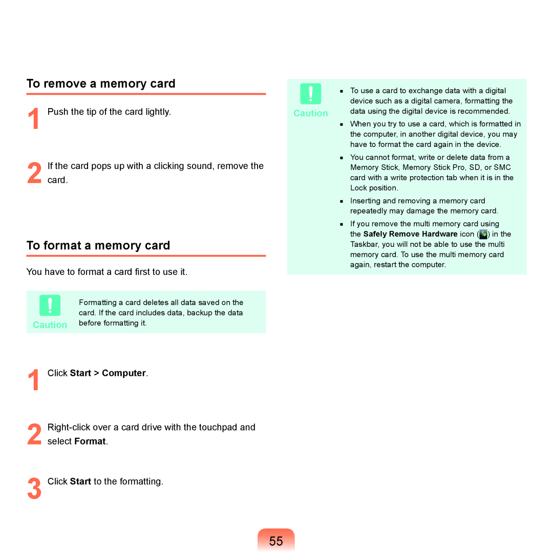 Samsung NP-X22A000/SEI, NP-X22A003/SEG manual To remove a memory card, To format a memory card, Click Start Computer 