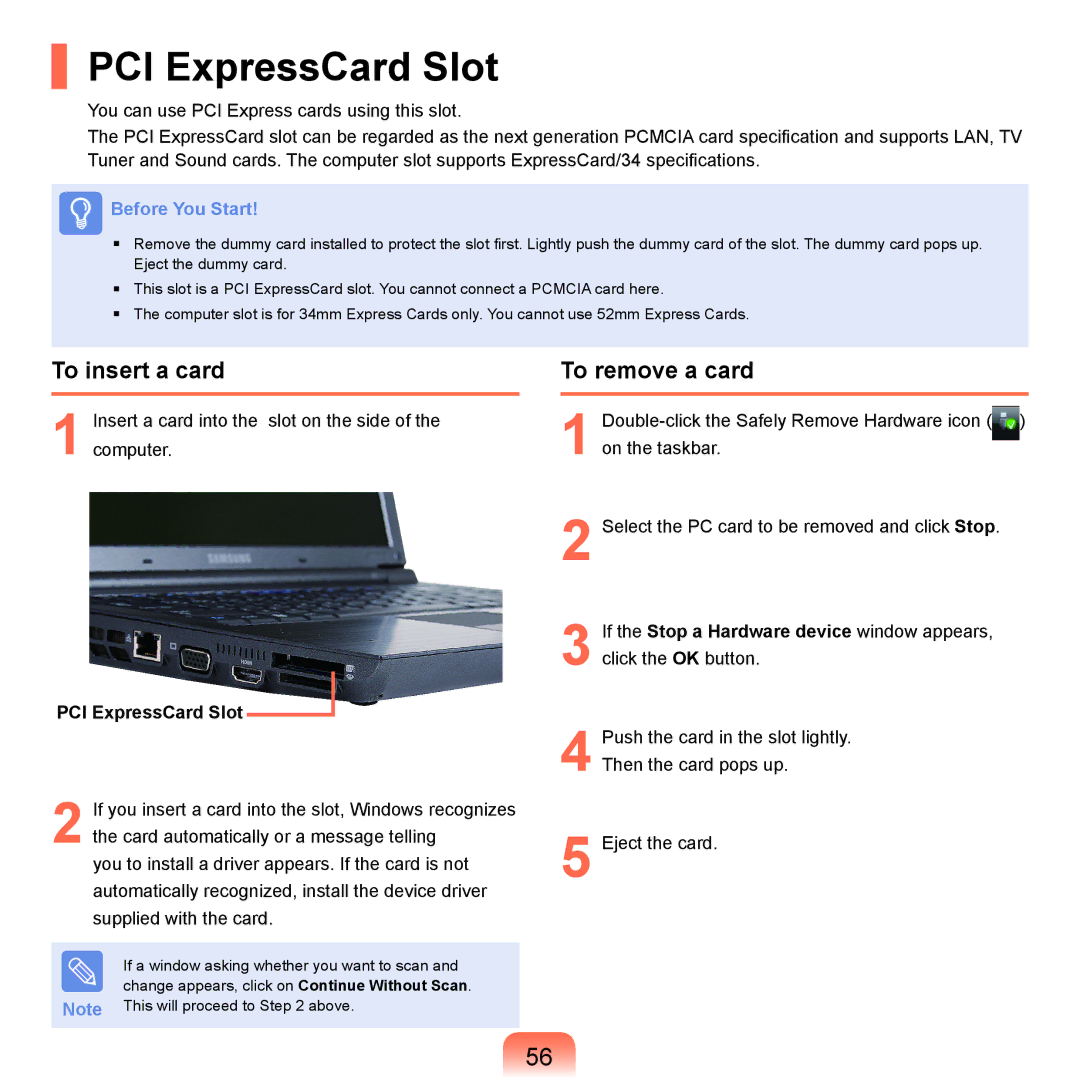 Samsung NP-X22A001/SEI, NP-X22A003/SEG, NP-X22T001/SEG manual PCI ExpressCard Slot, To insert a card, To remove a card 