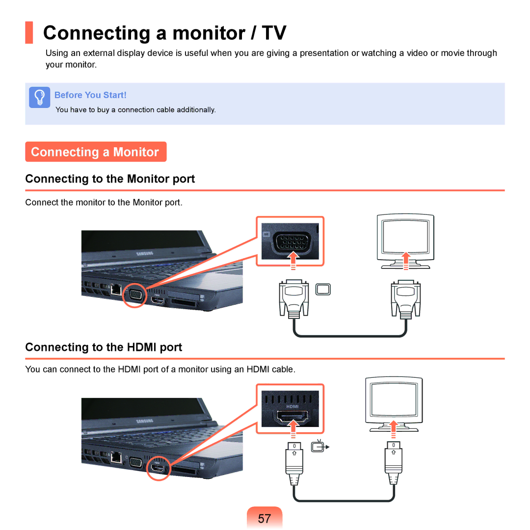 Samsung NP-X22T000/SEI, NP-X22A003/SEG Connecting a monitor / TV, Connecting a Monitor, Connecting to the Monitor port 