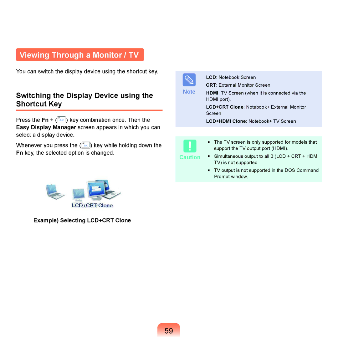 Samsung NP-X22A004/SES, NP-X22A003/SEG Viewing Through a Monitor / TV, Switching the Display Device using the Shortcut Key 