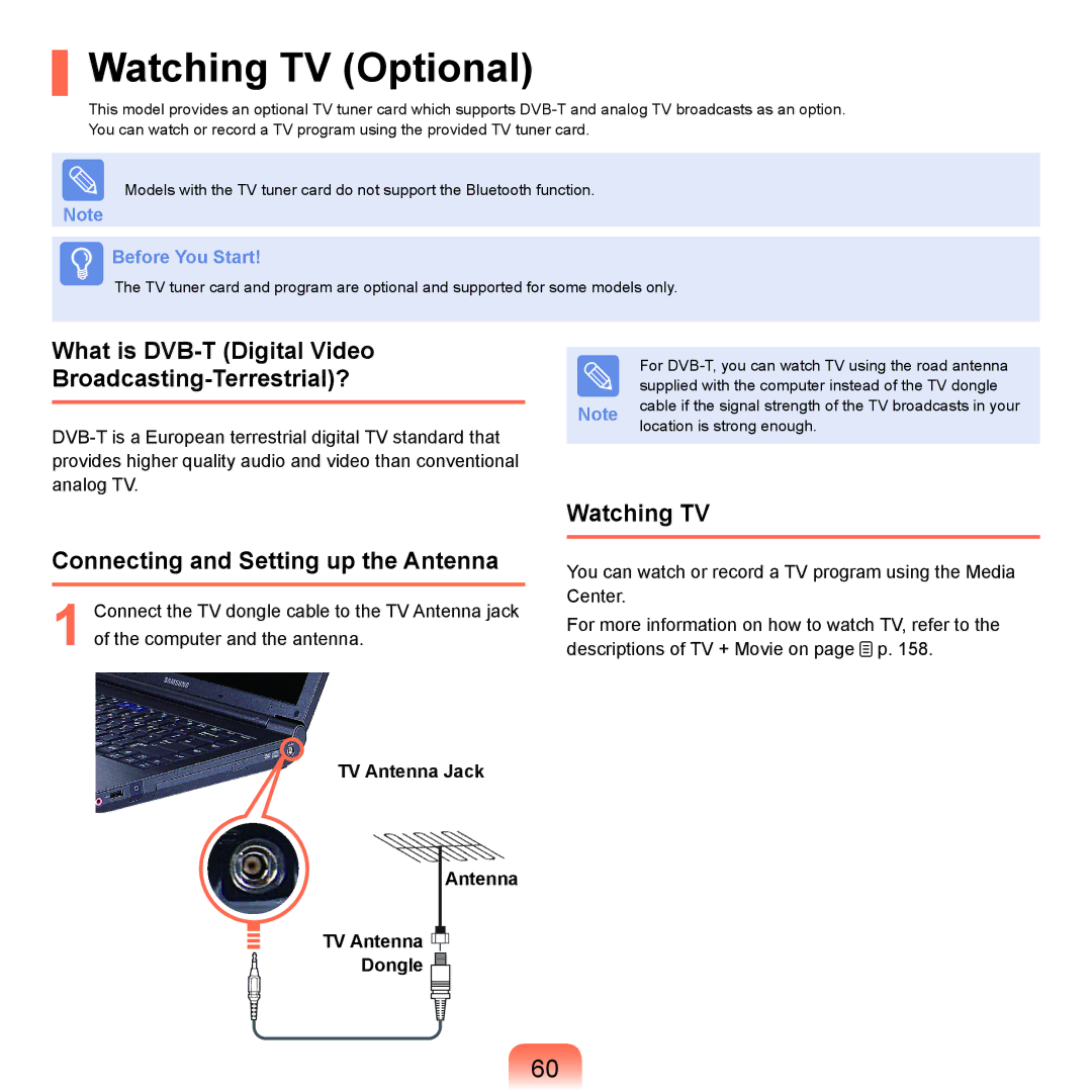 Samsung NP-X22T000/SES Watching TV Optional, What is DVB-T Digital Video Broadcasting-Terrestrial?, TV Antenna Jack Dongle 