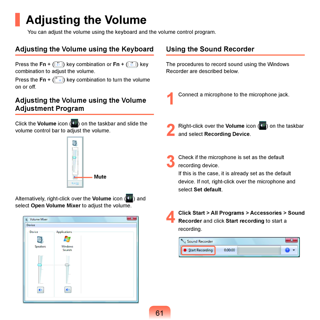 Samsung NP-X22A003/SES, NP-X22A003/SEG manual Adjusting the Volume using the Keyboard, Using the Sound Recorder 