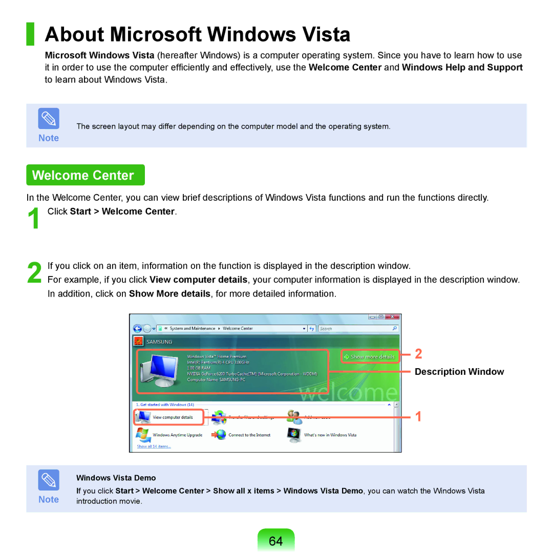 Samsung NP-X22A001/SES manual About Microsoft Windows Vista, Welcome Center, Description Window, Windows Vista Demo 