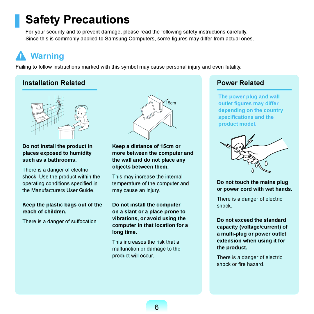 Samsung NP-X22T000/SEF, NP-X22A003/SEG, NP-X22T001/SEG manual Safety Precautions, Installation Related Power Related 