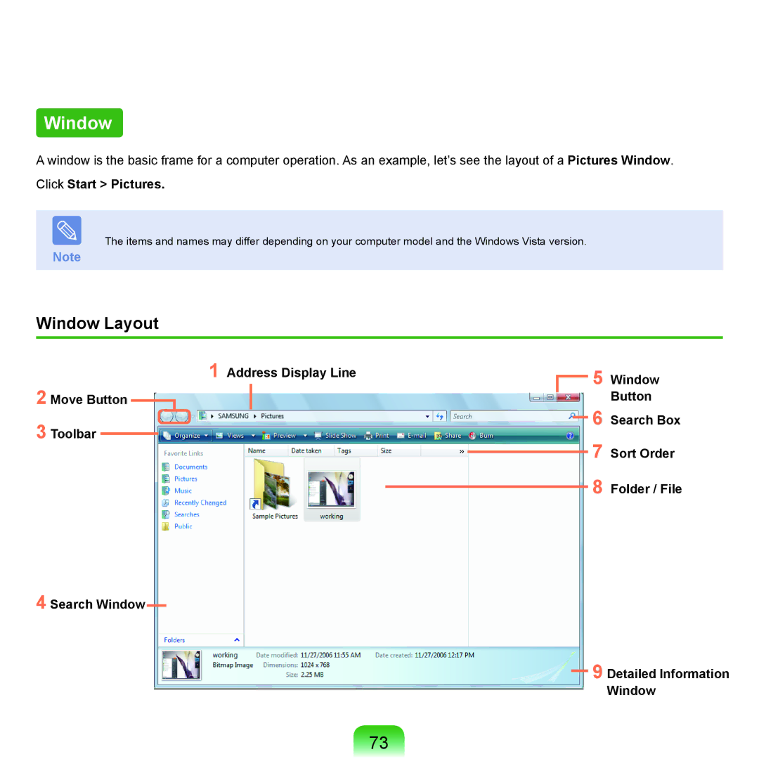 Samsung NP-X22A004/SEG, NP-X22A003/SEG manual Window Layout, Click Start Pictures, Search Window Detailed Information 