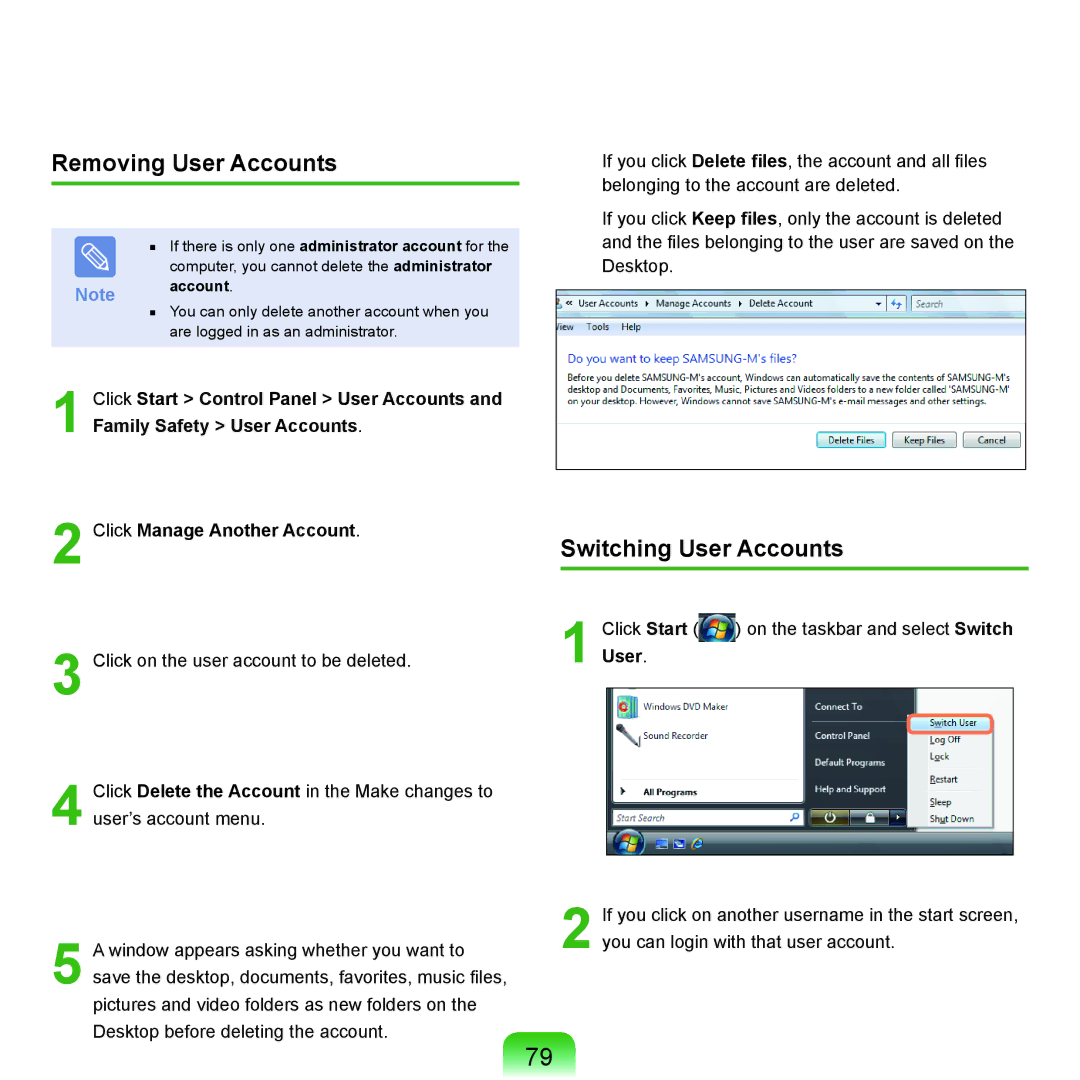 Samsung NP-X22T001/SEF, NP-X22A003/SEG, NP-X22T001/SEG, NP-X22A004/SEG manual Removing User Accounts, Switching User Accounts 