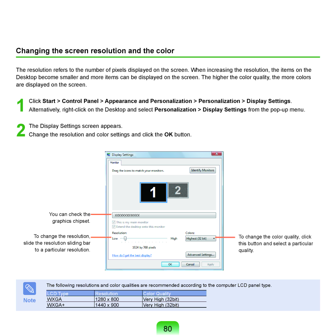 Samsung NP-X22A008/SEF, NP-X22A003/SEG, NP-X22T001/SEG, NP-X22A004/SEG manual Changing the screen resolution and the color 