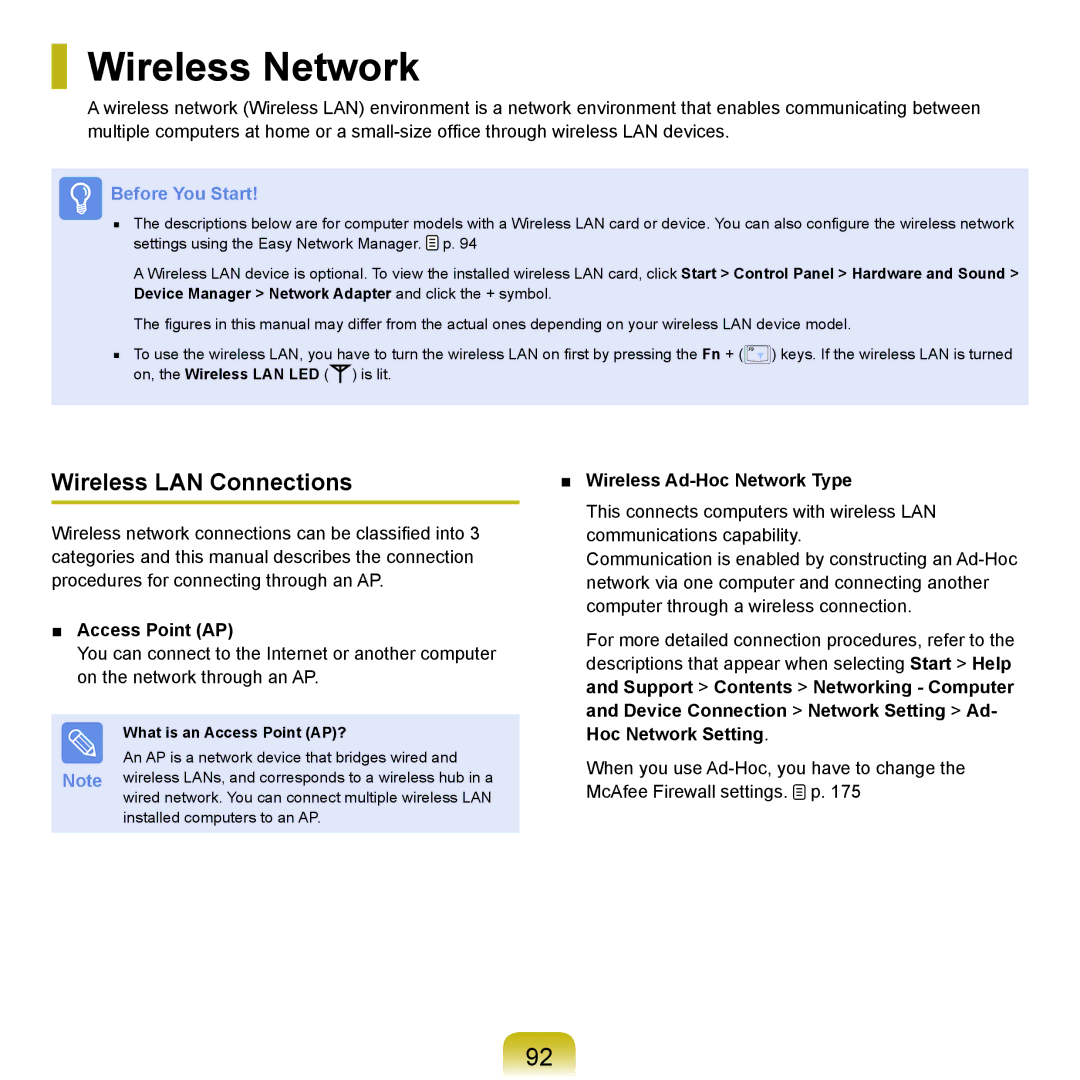 Samsung NP-X22A001/SEI manual Wireless Network, Wireless LAN Connections, Access Point AP, Wireless Ad-Hoc Network Type 