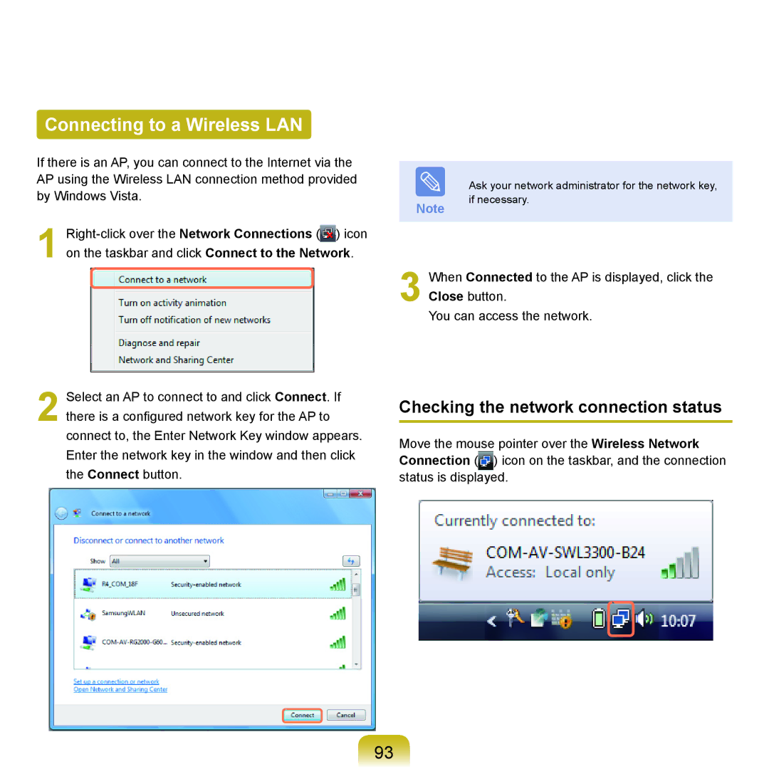 Samsung NP-X22T000/SEI, NP-X22A003/SEG, NP-X22T001/SEG Connecting to a Wireless LAN, Checking the network connection status 