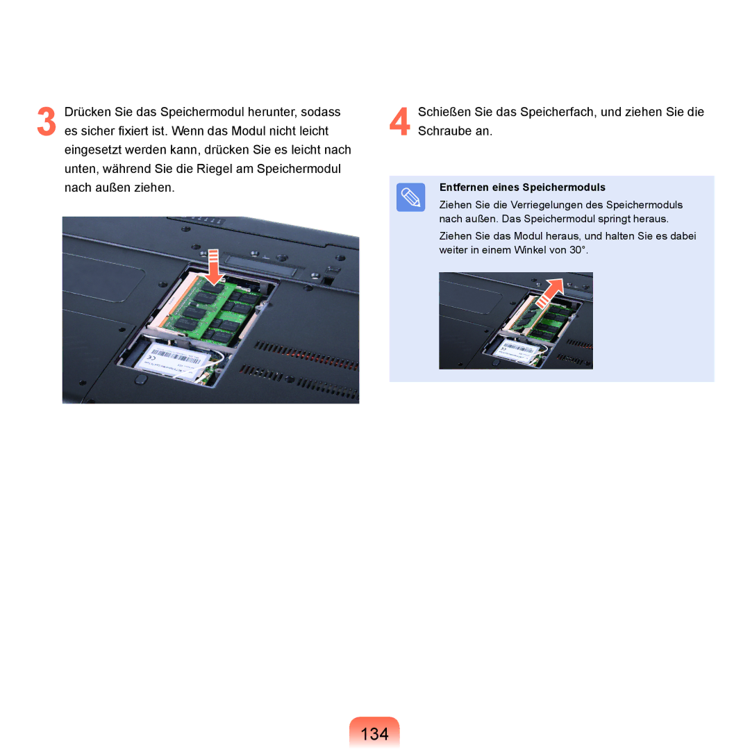 Samsung NP-X22A004/SEG, NP-X22A003/SEG, NP-X22T001/SEG, NP-X22A002/SEG, NP-X22A000/SEG 134, Entfernen eines Speichermoduls 