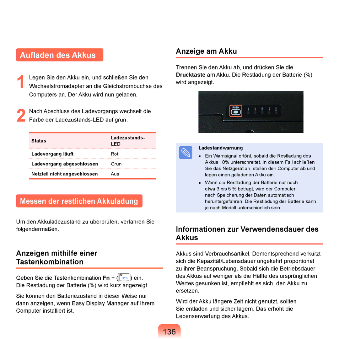 Samsung NP-X22A000/SEG, NP-X22A003/SEG, NP-X22T001/SEG manual Aufladen des Akkus, Messen der restlichen Akkuladung, 136 