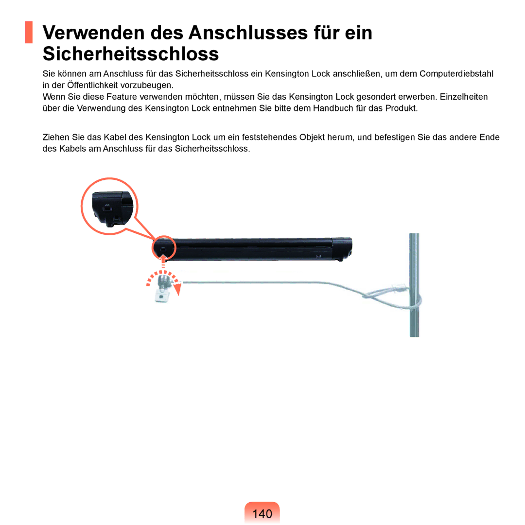 Samsung NP-X22T001/SEG, NP-X22A003/SEG, NP-X22A004/SEG manual Verwenden des Anschlusses für ein Sicherheitsschloss, 140 