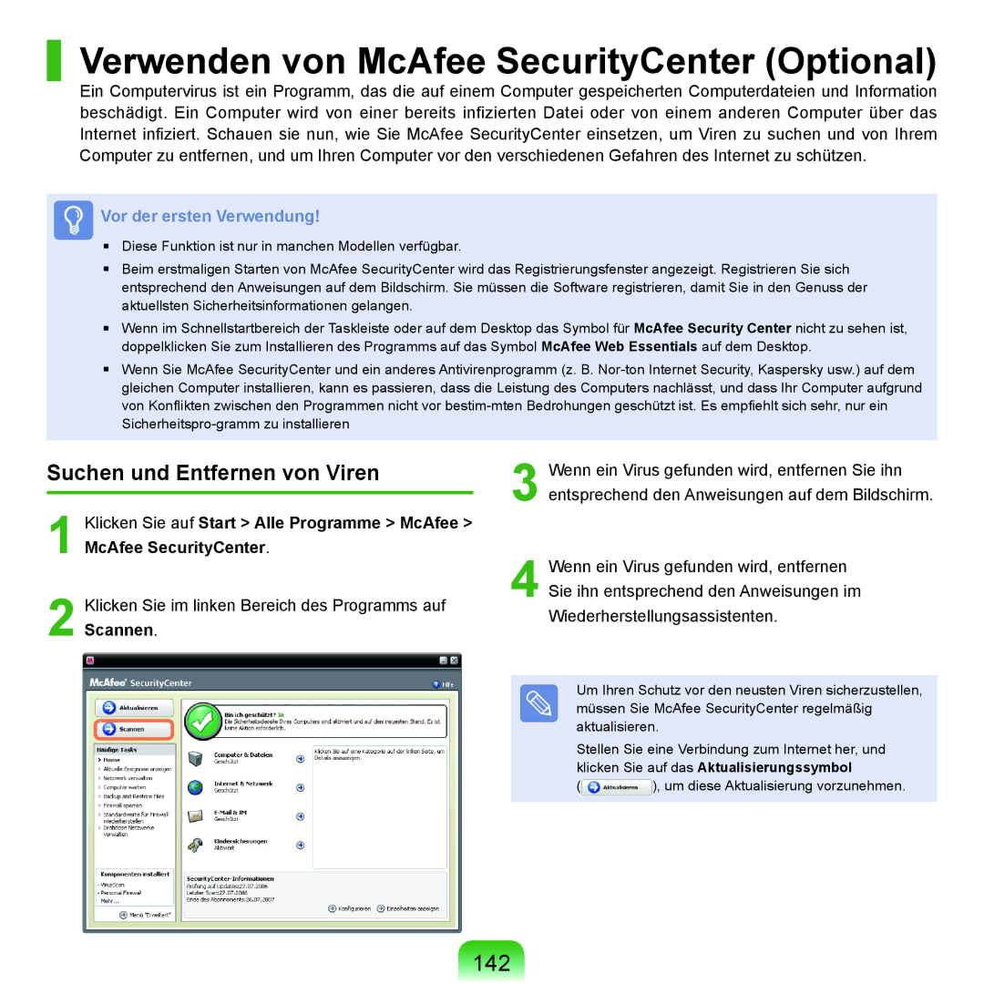 Samsung NP-X22A002/SEG, NP-X22A003/SEG Verwenden von McAfee SecurityCenter Optional, 142, Suchen und Entfernen von Viren 