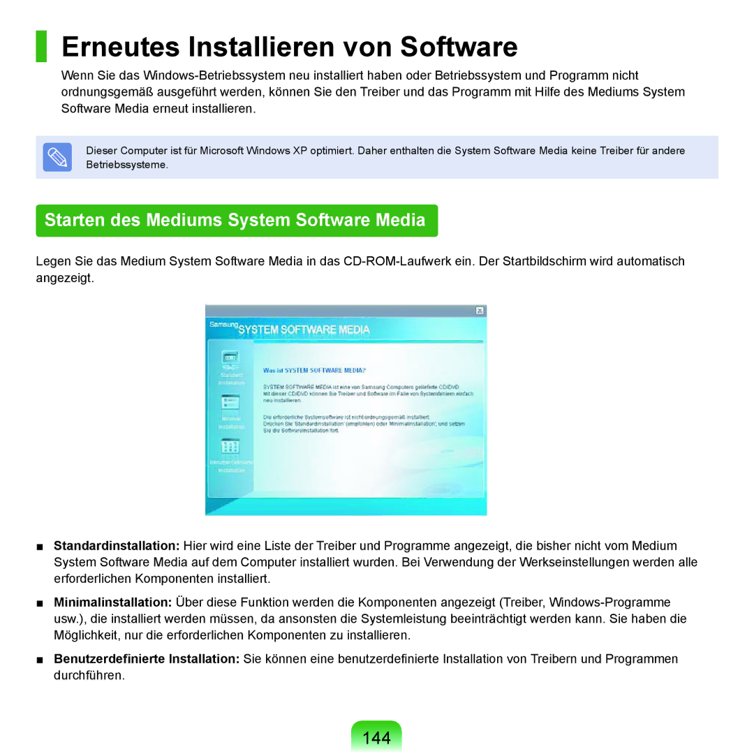 Samsung NP-X22T000/SEG, NP-X22A003/SEG Erneutes Installieren von Software, Starten des Mediums System Software Media, 144 