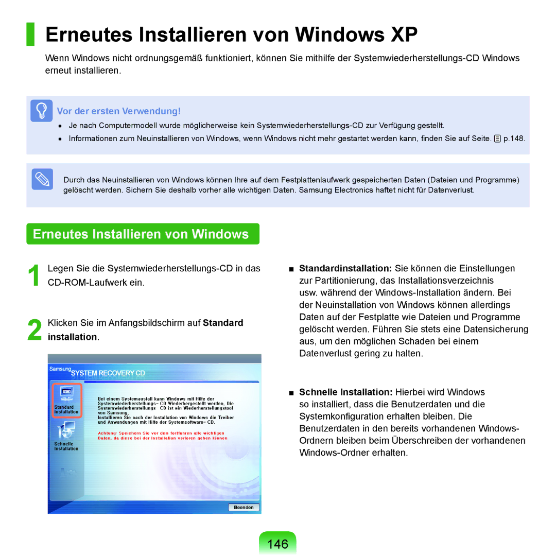 Samsung NP-X22A003/SEG, NP-X22T001/SEG, NP-X22A004/SEG, NP-X22A002/SEG manual Erneutes Installieren von Windows XP, 146 