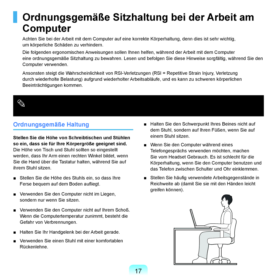 Samsung NP-X22A000/SEG, NP-X22A003/SEG manual Ordnungsgemäße Sitzhaltung bei der Arbeit am Computer, Ordnungsgemäße Haltung 