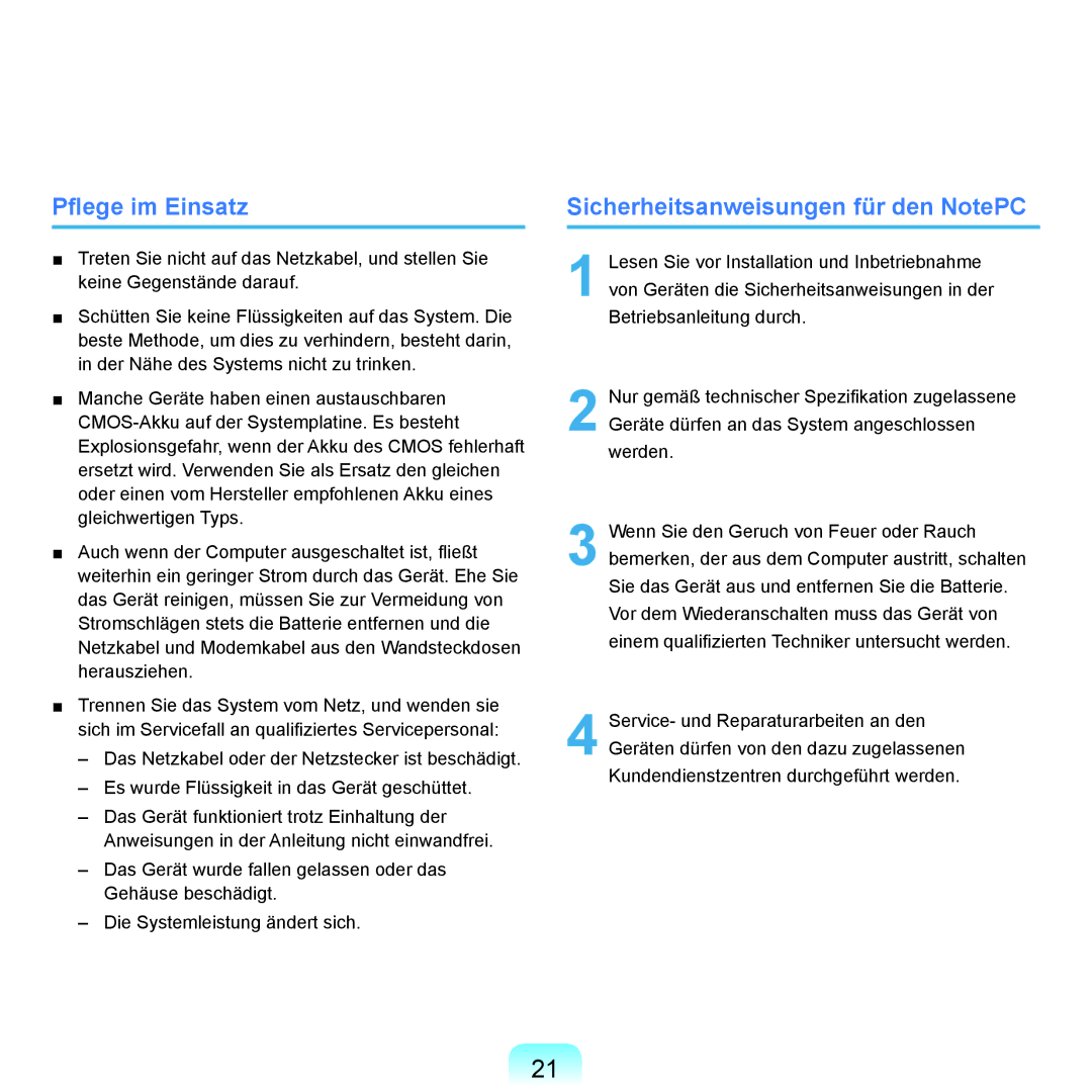Samsung NP-X22T001/SEG, NP-X22A003/SEG, NP-X22A004/SEG manual Pflege im Einsatz, Sicherheitsanweisungen für den NotePC 