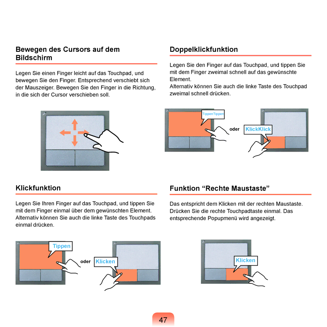 Samsung NP-X22A001/SEG, NP-X22A003/SEG manual Bewegen des Cursors auf dem Bildschirm, Doppelklickfunktion, Klickfunktion 
