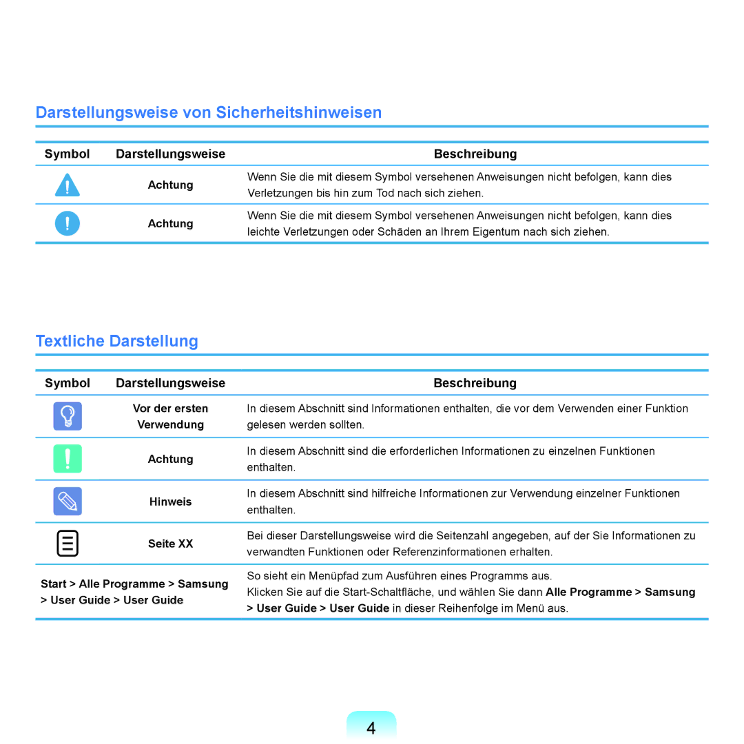 Samsung NP-X22T000/SEG, NP-X22A003/SEG, NP-X22T001/SEG Darstellungsweise von Sicherheitshinweisen, Textliche Darstellung 