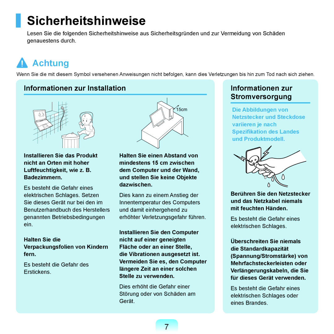 Samsung NP-X22T001/SEG, NP-X22A003/SEG manual Sicherheitshinweise, Halten Sie die Verpackungsfolien von Kindern fern 